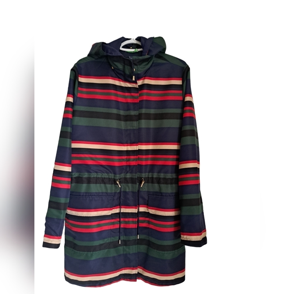C WONDER Reversible hooded jacket solid navy multi stripe zip windbreaker size L - Picture 3 of 6
